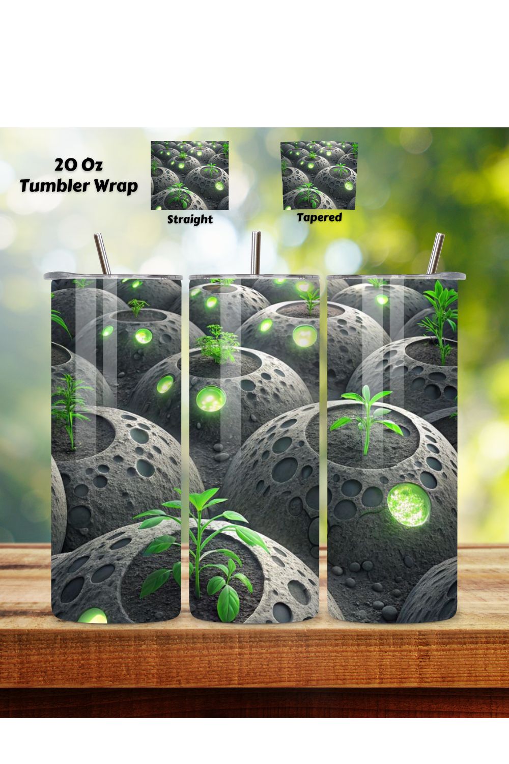 3D Lunar Agriculture Seamless Tumbler Wrap - Moon Soil Textures & Glowing Plants, 20 oz Skinny Sublimation PNG, seamless design, skinny tumbler, sublimation tumbler, tumbler design pinterest preview image.