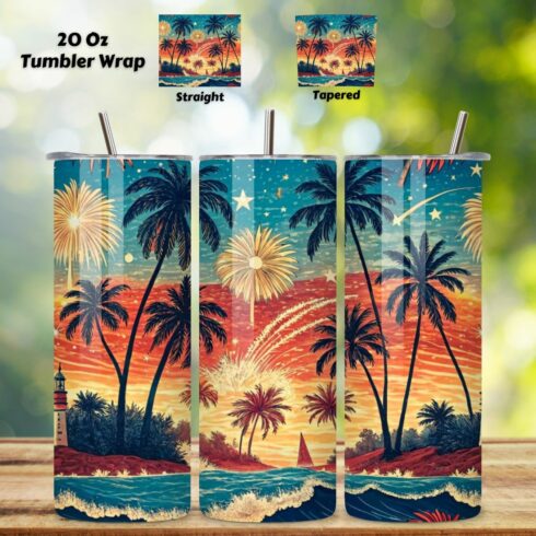 4th Of July Summer Beach Seamless Tumbler Wrap - 3D Ocean & Firework Fusion, 20oz Skinny Sublimation Design, American Flag Floral Art, Independence Day Tumbler Wrap, Fourth of July Floral Gift, USA Patriotic Flower Wrap cover image.