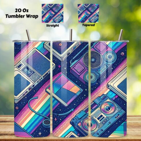 3D Cyber Y2K Glitch Seamless Tumbler Wrap - Pixelated Rainbows & Retro Tech, 20 oz Skinny Sublimation PNG, seamless design, skinny tumbler, sublimation tumbler, tumbler design cover image.