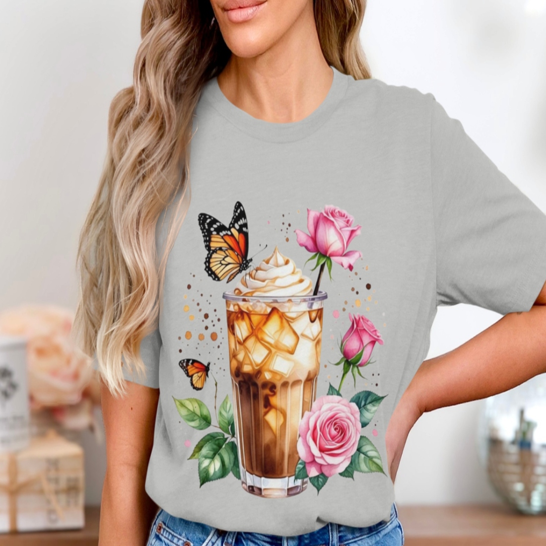 10 Iced coffee with pink roses and butterfly Clipart Bundle 300 DPI Transparent PNG Images preview image.