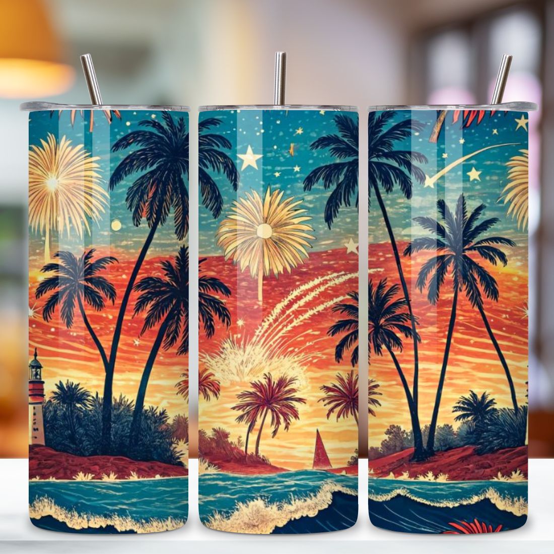 4th Of July Summer Beach Seamless Tumbler Wrap - 3D Ocean & Firework Fusion, 20oz Skinny Sublimation Design, American Flag Floral Art, Independence Day Tumbler Wrap, Fourth of July Floral Gift, USA Patriotic Flower Wrap preview image.