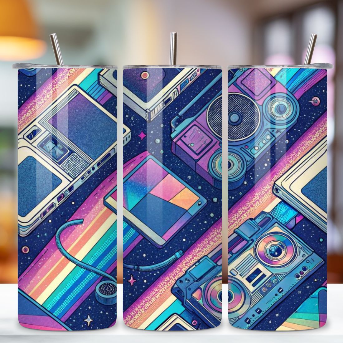 3D Cyber Y2K Glitch Seamless Tumbler Wrap - Pixelated Rainbows & Retro Tech, 20 oz Skinny Sublimation PNG, seamless design, skinny tumbler, sublimation tumbler, tumbler design preview image.