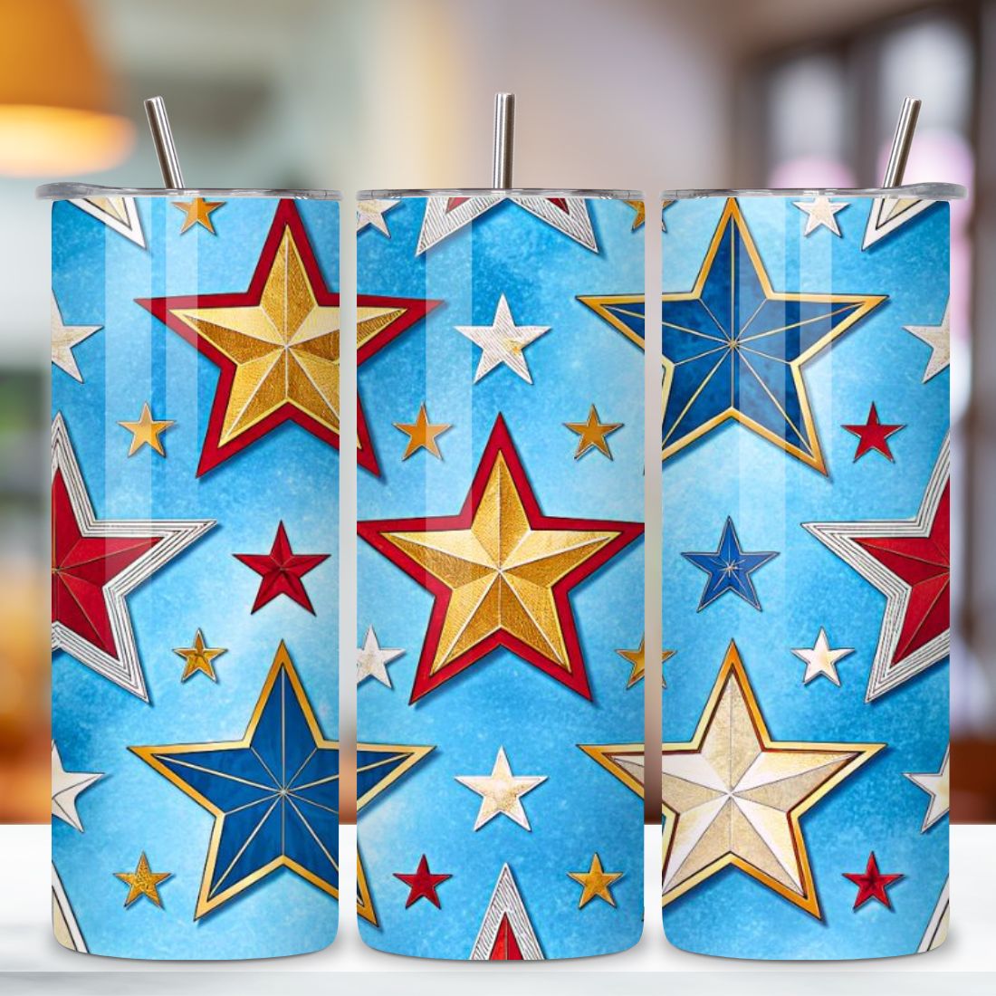 4th Of July Star Spangled Seamless Tumbler Wrap - 3D Glowing Patriotic Background, 3D Floral Patriotic Tumbler Wrap, 20oz Skinny Sublimation Design, American Flag Floral Art, Independence Day Tumbler Wrap, Fourth of July Floral Gift, USA Patriotic Flower Wrap preview image.