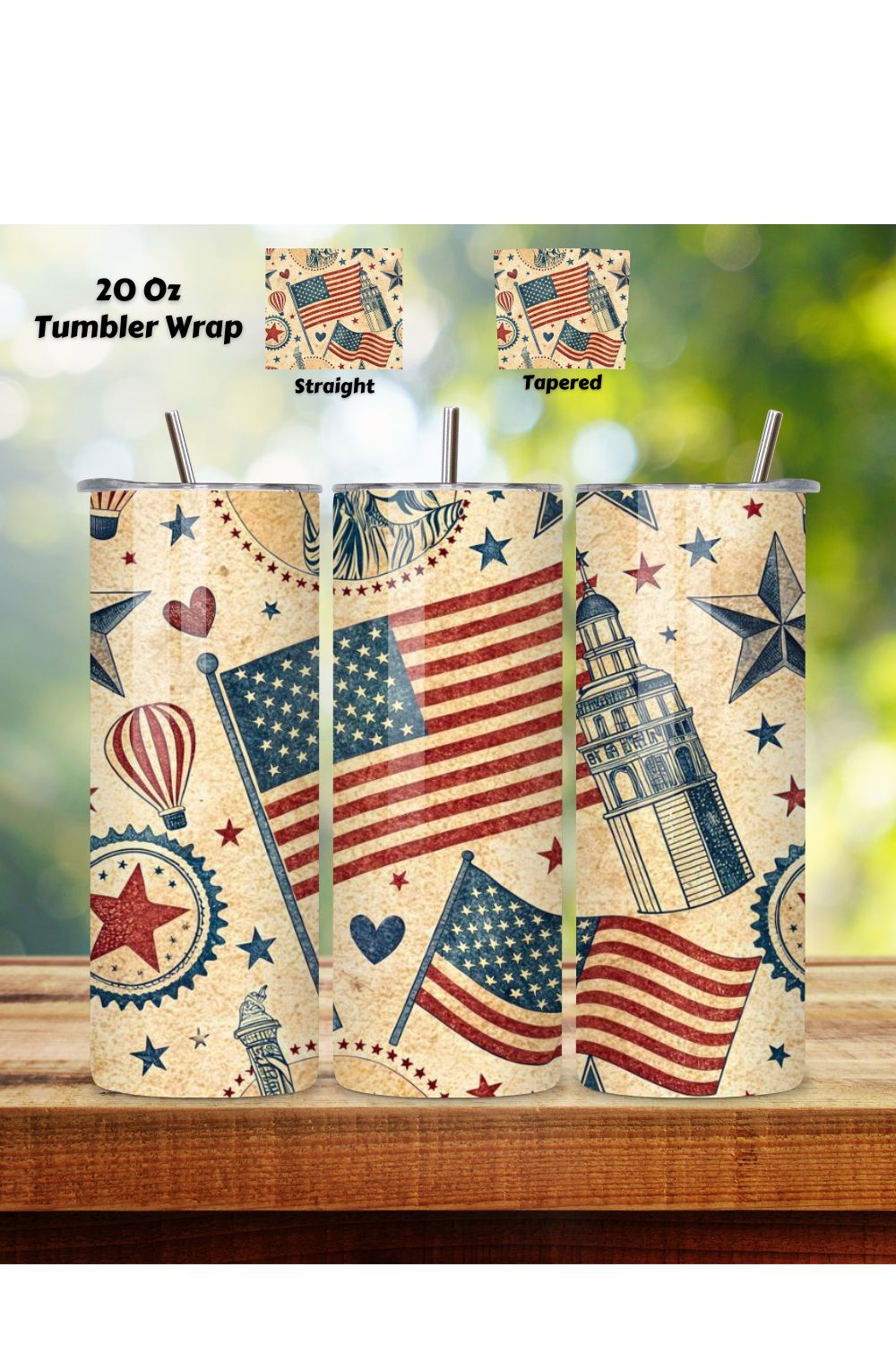 4th Of July Vintage Americana Seamless Tumbler Wrap - 3D Retro Patriotic Icons, 20oz Skinny Sublimation Design, American Flag Floral Art, Independence Day Tumbler Wrap, Fourth of July Floral Gift, USA Patriotic Flower Wrap pinterest preview image.