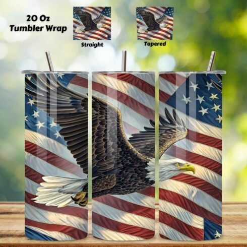 4th Of July Patriotic Eagle Seamless Tumbler Wrap - 3D Majestic Bird with Flag, 3D Floral Patriotic Tumbler Wrap, 20oz Skinny Sublimation Design, American Flag Floral Art, Independence Day Tumbler Wrap, Fourth of July Floral Gift, USA Patriotic Flower Wrap cover image.