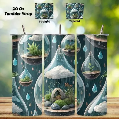 3D Biophilic Cloud Seamless Tumbler Wrap - Floating Terrariums & Raindrop Physics, 20 oz Skinny Sublimation PNG, seamless design, skinny tumbler, sublimation tumbler, tumbler design cover image.