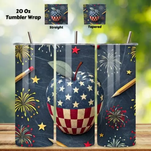 4th Of July Teacher Appreciation Seamless Tumbler Wrap - 3D Apple & Star Blend, 20oz Skinny Sublimation Design, American Flag Floral Art, Independence Day Tumbler Wrap, Fourth of July Floral Gift, USA Patriotic Flower Wrap cover image.