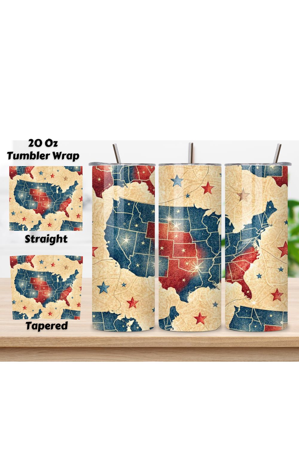 4th Of July Map Seamless Tumbler Wrap - 3D Vintage USA with Stars, 3D Floral Patriotic Tumbler Wrap, 20oz Skinny Sublimation Design, American Flag Floral Art, Independence Day Tumbler Wrap, Fourth of July Floral Gift, USA Patriotic Flower Wrap pinterest preview image.