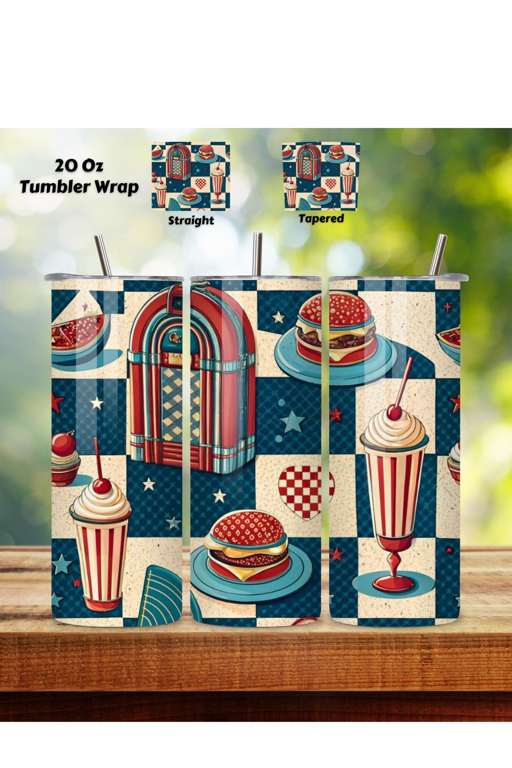 4th Of July Retro Diner Seamless Tumbler Wrap - 3D Patriotic Milkshake & Stars, 20oz Skinny Sublimation Design, American Flag Floral Art, Independence Day Tumbler Wrap, Fourth of July Floral Gift, USA Patriotic Flower Wrap pinterest preview image.