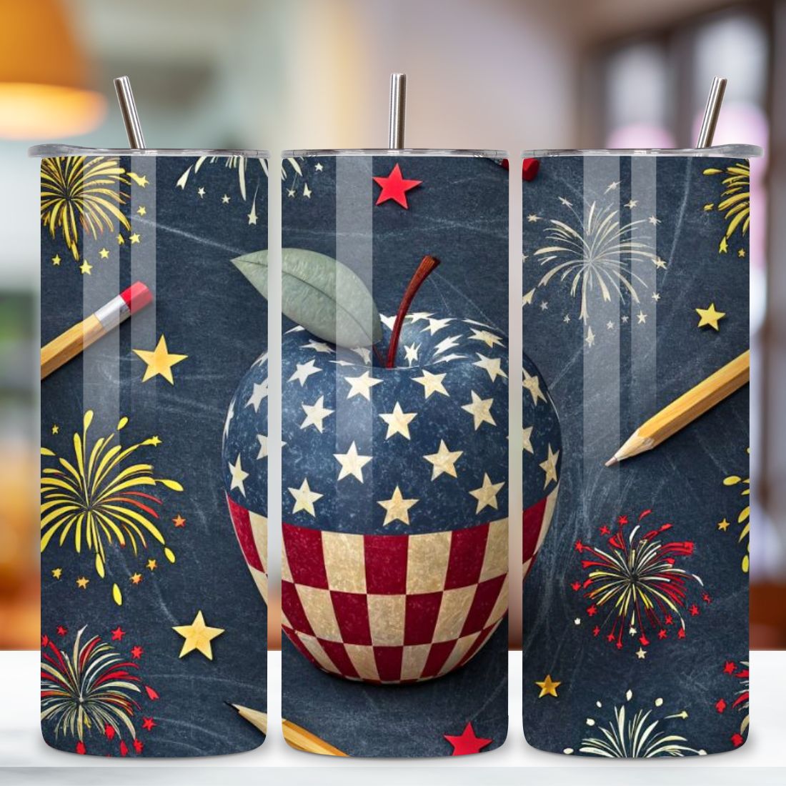 4th Of July Teacher Appreciation Seamless Tumbler Wrap - 3D Apple & Star Blend, 20oz Skinny Sublimation Design, American Flag Floral Art, Independence Day Tumbler Wrap, Fourth of July Floral Gift, USA Patriotic Flower Wrap preview image.