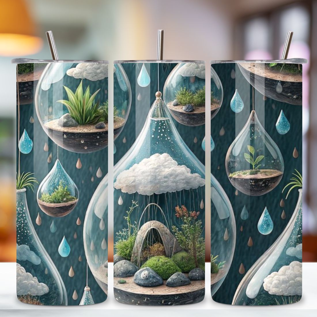3D Biophilic Cloud Seamless Tumbler Wrap - Floating Terrariums & Raindrop Physics, 20 oz Skinny Sublimation PNG, seamless design, skinny tumbler, sublimation tumbler, tumbler design preview image.