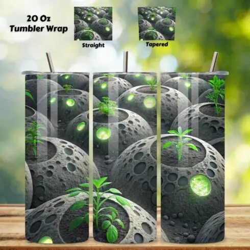3D Lunar Agriculture Seamless Tumbler Wrap - Moon Soil Textures & Glowing Plants, 20 oz Skinny Sublimation PNG, seamless design, skinny tumbler, sublimation tumbler, tumbler design cover image.