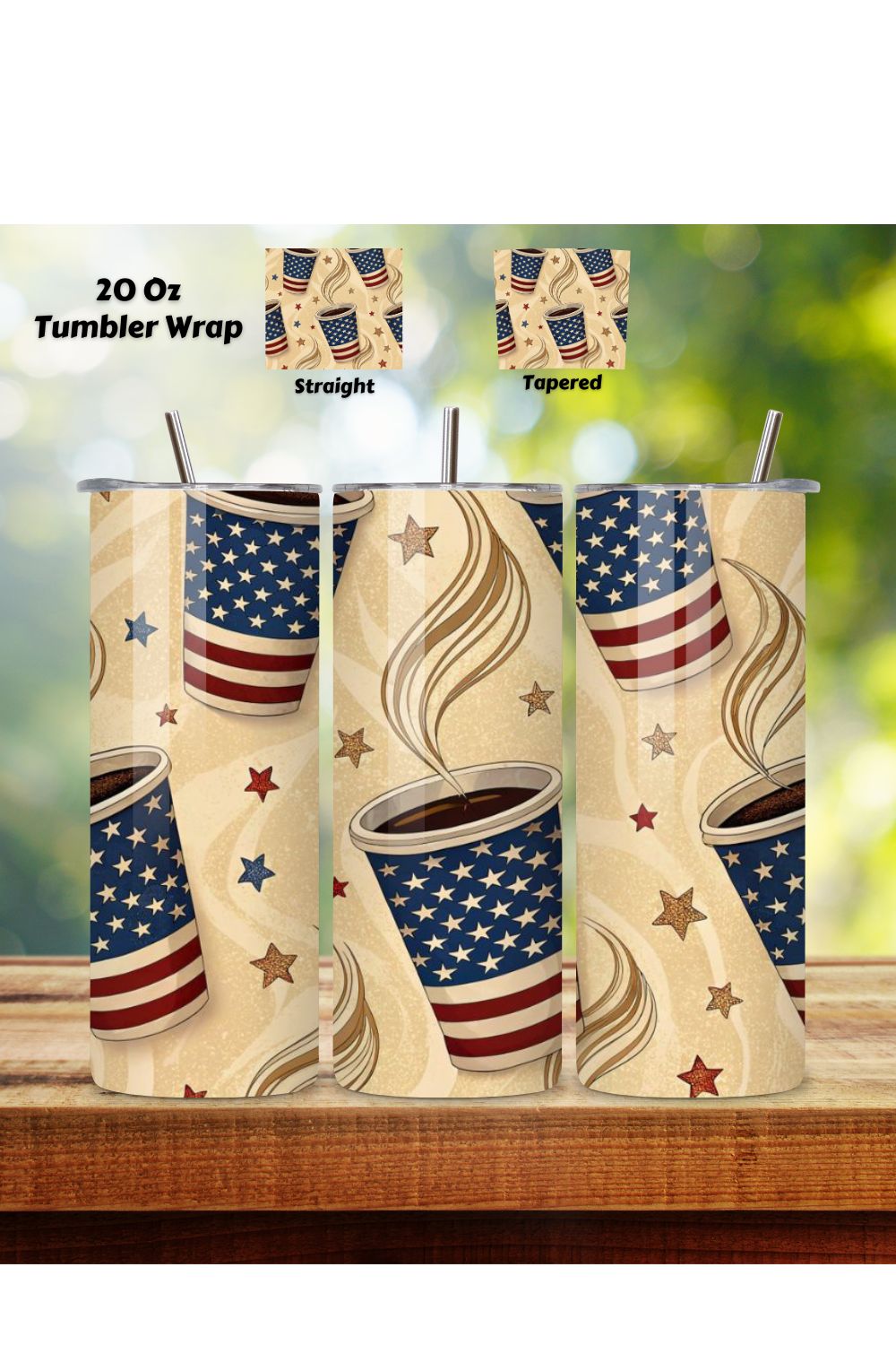 4th Of July Coffee Lovers Seamless Tumbler Wrap - 3D Patriotic Mug & Beans, 20oz Skinny Sublimation Design, American Flag Floral Art, Independence Day Tumbler Wrap, Fourth of July Floral Gift, USA Patriotic Flower Wrap pinterest preview image.