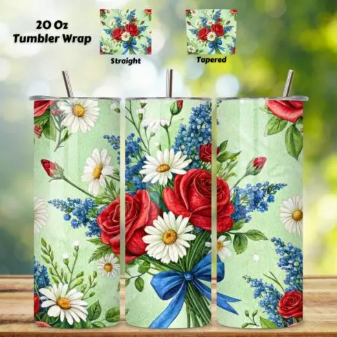 4th Of July Floral Fireworks Seamless Tumbler Wrap - 3D Blossoms & Explosions, 20oz Skinny Sublimation Design, American Flag Floral Art, Independence Day Tumbler Wrap, Fourth of July Floral Gift, USA Patriotic Flower Wrap cover image.