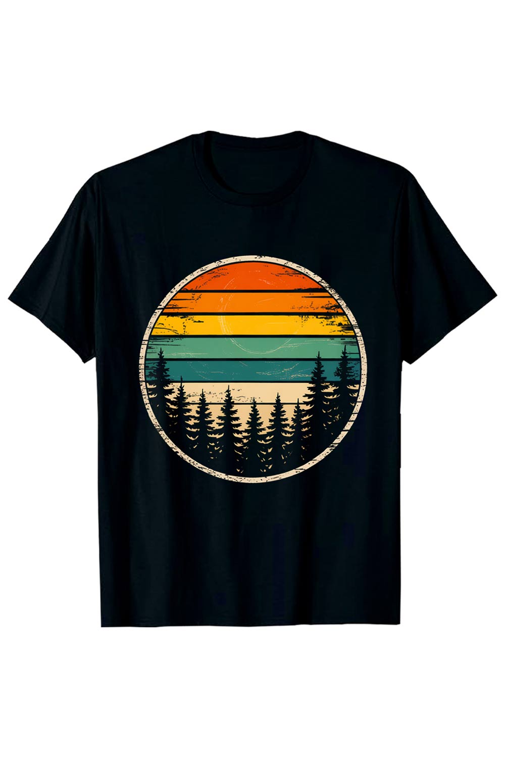 Retro Sunset Over Forest: Vintage Oval Design, Rustic Texture, Serene Mood t-Shirt Hiking Camping T shirt PNG File pinterest preview image.