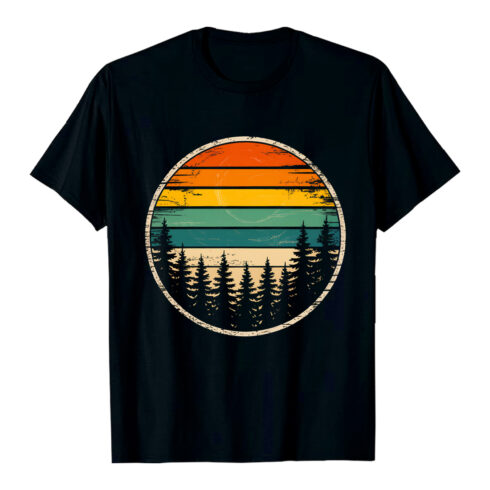 Retro Sunset Over Forest: Vintage Oval Design, Rustic Texture, Serene Mood t-Shirt Hiking Camping T shirt PNG File cover image.