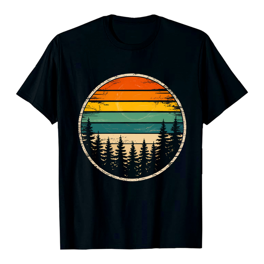 Retro Sunset Over Forest: Vintage Oval Design, Rustic Texture, Serene Mood t-Shirt Hiking Camping T shirt PNG File cover image.
