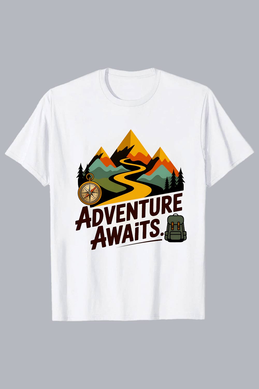 Retro Adventure Illustration: Winding Mountain Road, Compass, Backpack, Motivational Text Hiking Camping T shirt PNG File pinterest preview image.
