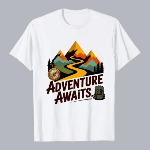 Retro Adventure Illustration: Winding Mountain Road, Compass, Backpack, Motivational Text Hiking Camping T shirt PNG File cover image.