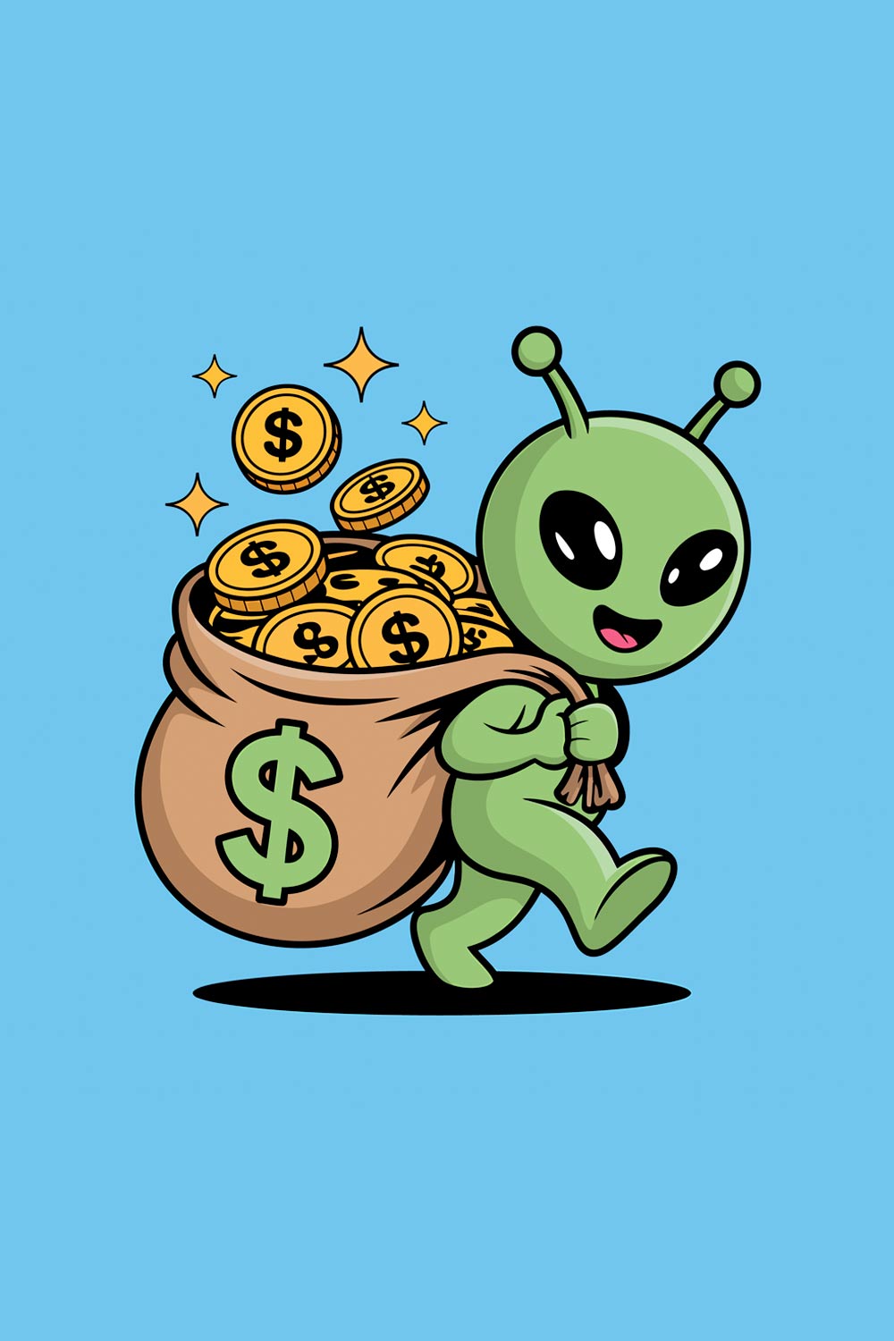 Alien with a bag of money Funny turtle cartoon character with a big smile and cute green design EPS Vector file pinterest preview image.