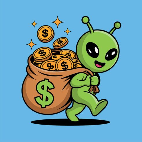 Alien with a bag of money Funny turtle cartoon character with a big smile and cute green design EPS Vector file cover image.