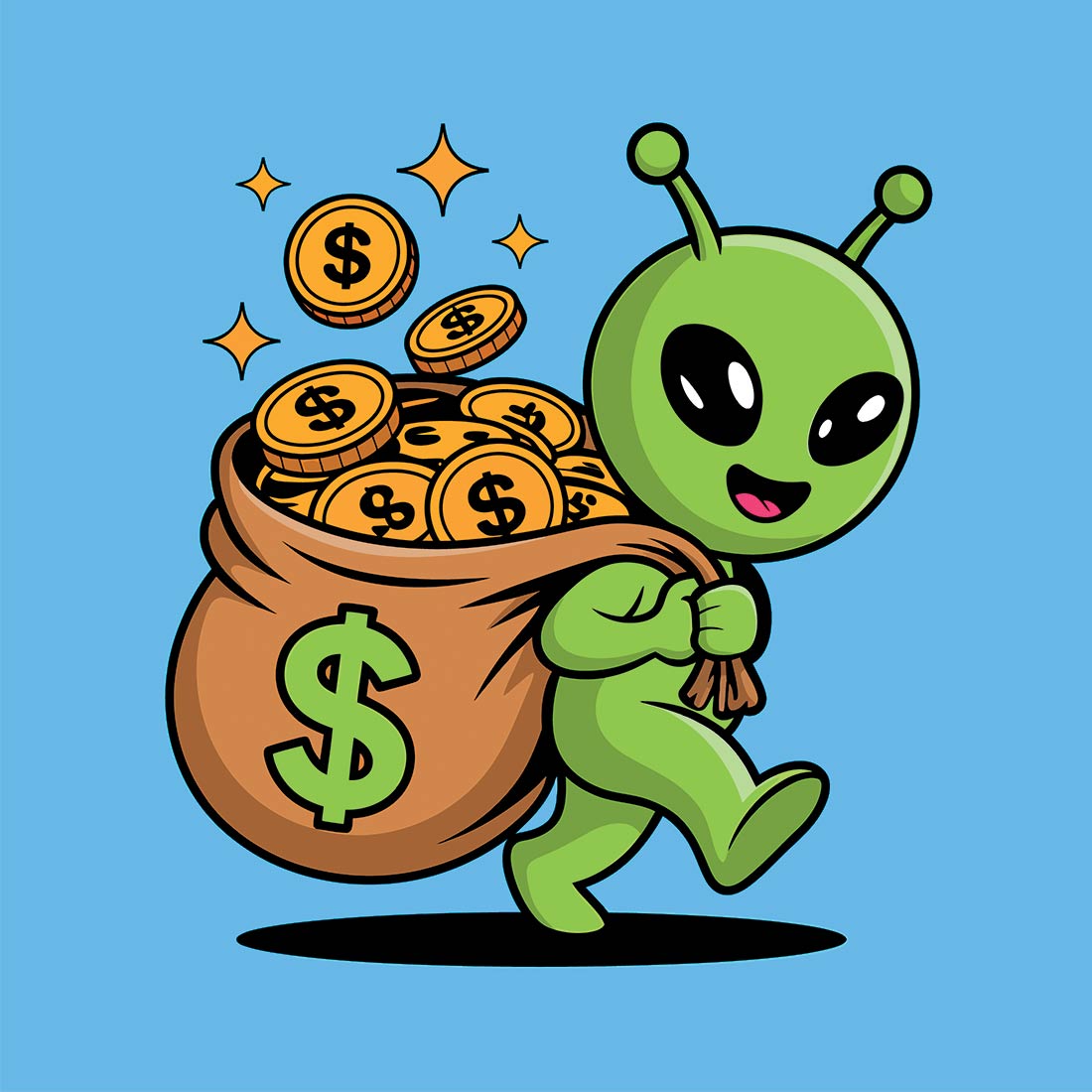 Alien with a bag of money Funny turtle cartoon character with a big smile and cute green design EPS Vector file cover image.
