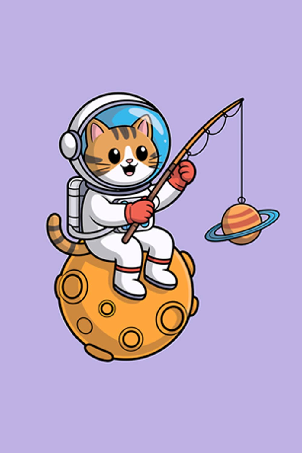 Astronaut Cat Fishing for Planets in Space Cute cartoon cat holding gift and cup of tea or coffee EPS Vector file pinterest preview image.