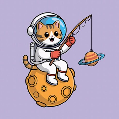 Astronaut Cat Fishing for Planets in Space Cute cartoon cat holding gift and cup of tea or coffee EPS Vector file cover image.