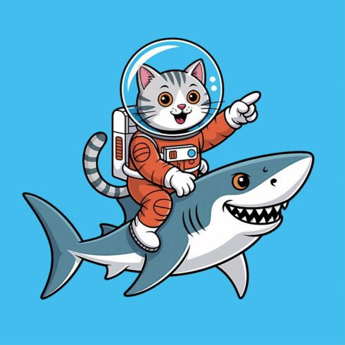 Astronaut Cat Riding a Shark in Space Cartoon shark character smiling with a fish in a fun illustration EPS Vector file cover image.