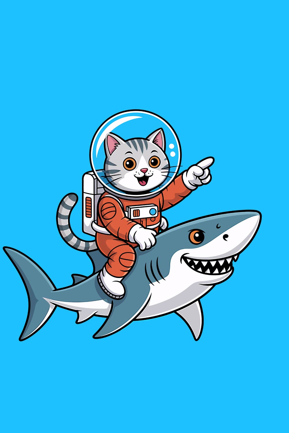 Astronaut Cat Riding a Shark in Space Cartoon shark character smiling with a fish in a fun illustration EPS Vector file pinterest preview image.