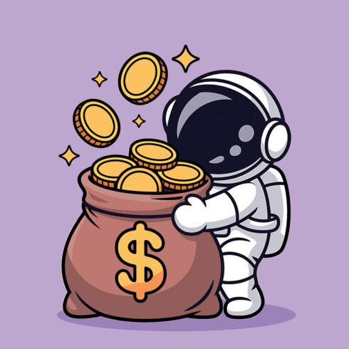 Astronaut collecting gold coins from a money bag Cartoon man holding money bag and coin in vector illustration EPS Vector file cover image.