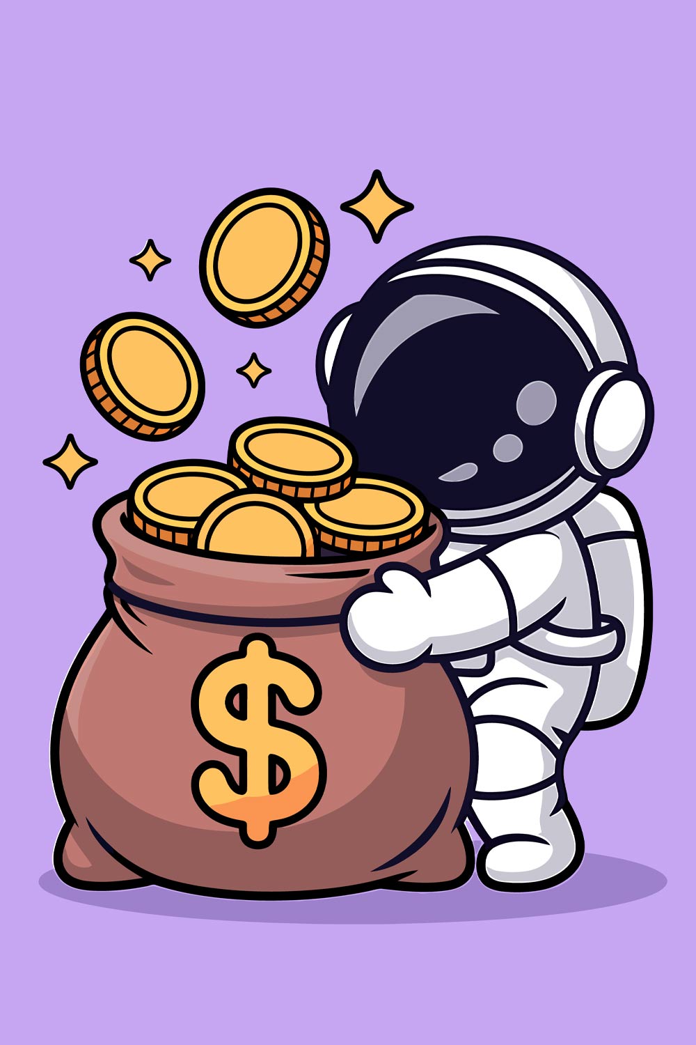 Astronaut collecting gold coins from a money bag Cartoon man holding money bag and coin in vector illustration EPS Vector file pinterest preview image.