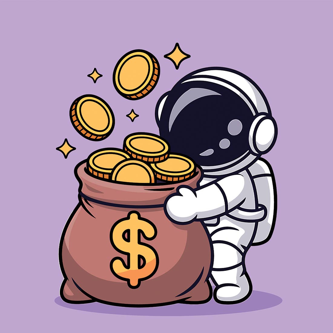 astronaut collecting gold coins from a money bag 4 578