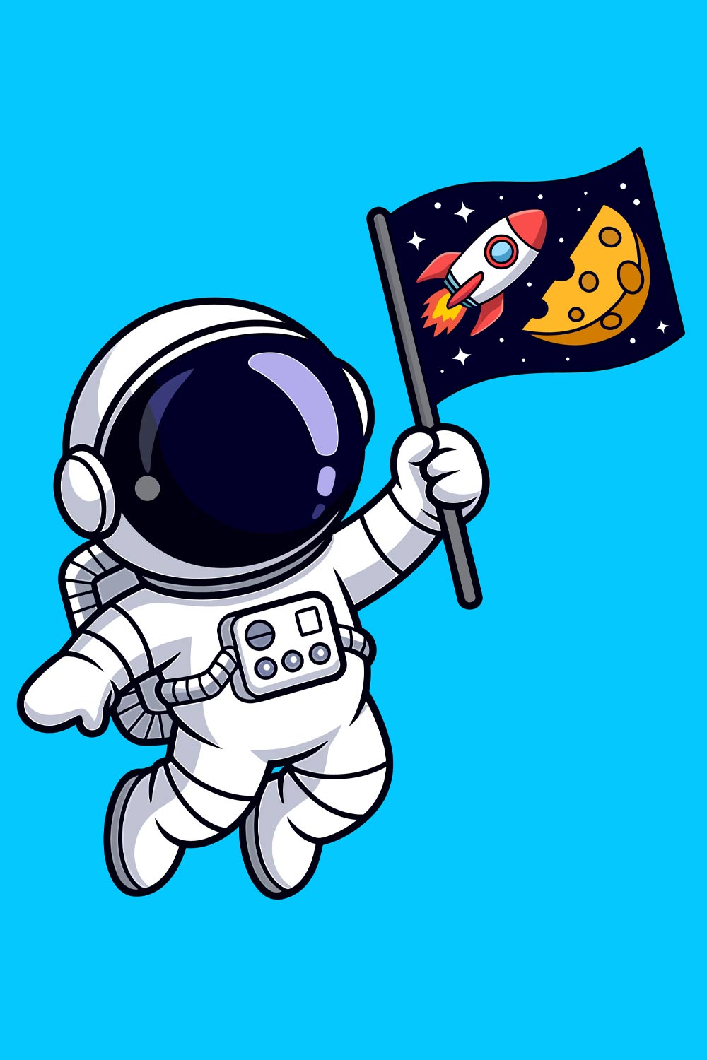 Astronaut holding a flag with rocket and moon in space Pirate flag with parrot in cartoon vector illustration EPS Vector file pinterest preview image.