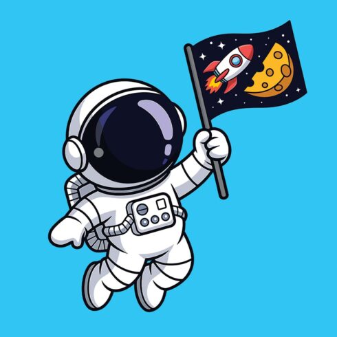 Astronaut holding a flag with rocket and moon in space Pirate flag with parrot in cartoon vector illustration EPS Vector file cover image.