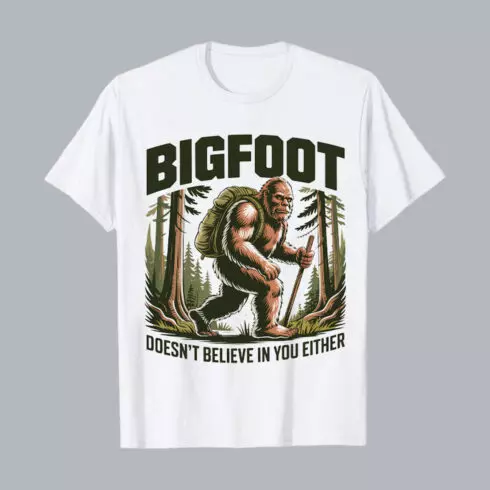 Vintage Bigfoot illustration: Hiking Sasquatch with backpack in forest, distressed grunge style, mysterious mood Hiking Camping T shirt PNG File cover image.