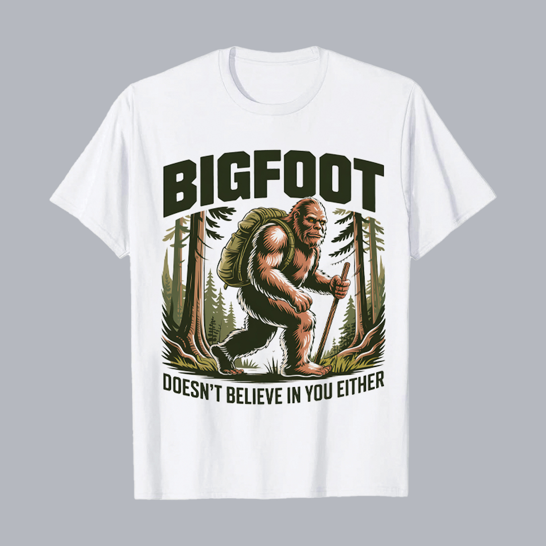 Vintage Bigfoot illustration: Hiking Sasquatch with backpack in forest, distressed grunge style, mysterious mood Hiking Camping T shirt PNG File preview image.