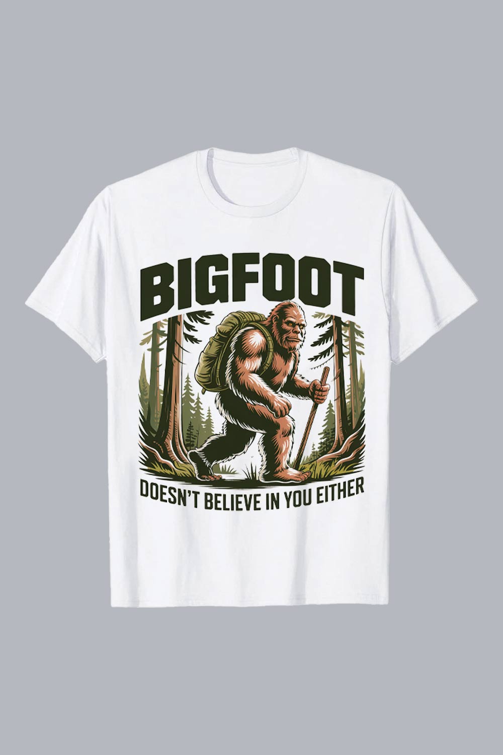 Vintage Bigfoot illustration: Hiking Sasquatch with backpack in forest, distressed grunge style, mysterious mood Hiking Camping T shirt PNG File pinterest preview image.