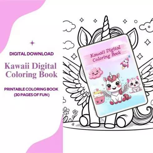 Kawaii Coloring Book for Kids – 30 Printable Pages Bundle (Dragons, Cupcakes, Animals) cover image.