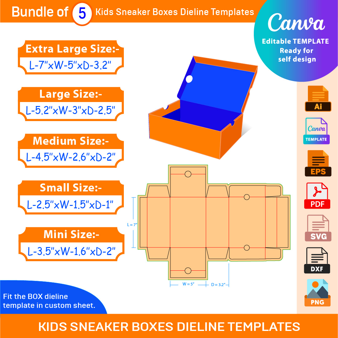 Bundle of 5 Kids Sneaker Boxes Dieline Templates cover image.