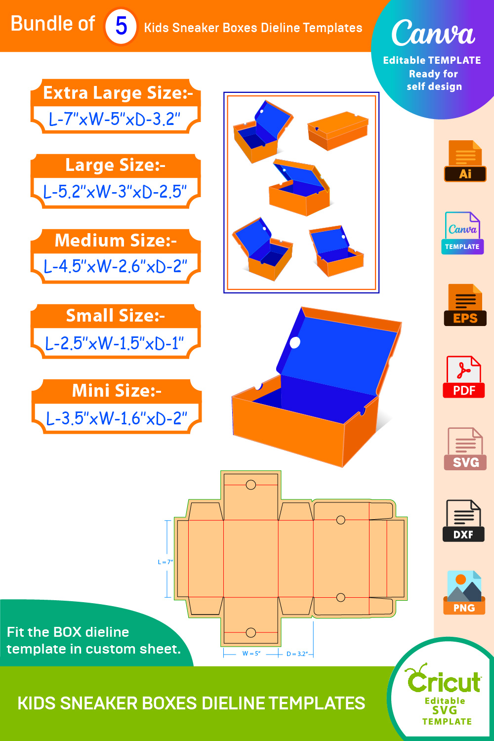 Bundle of 5 Kids Sneaker Boxes Dieline Templates pinterest preview image.
