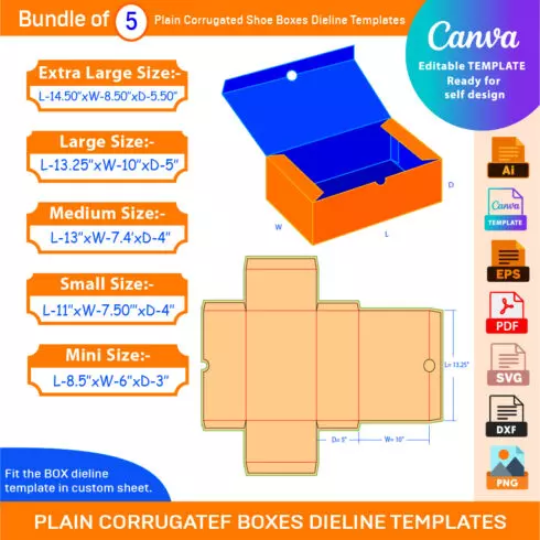 Bundle of 5 Plain Corrugated Shoe Boxes Dieline Templates cover image.