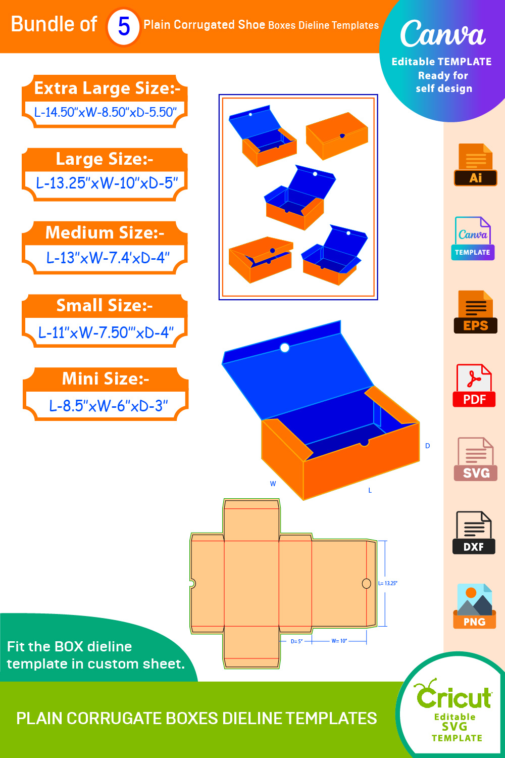 Bundle of 5 Plain Corrugated Shoe Boxes Dieline Templates pinterest preview image.