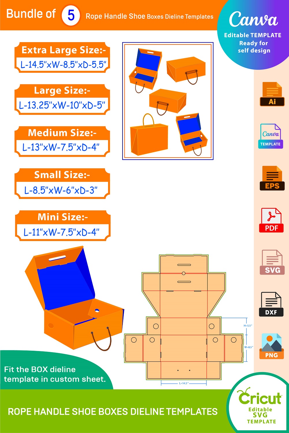 Bundle of 5 Rope Handle Shoe Boxes Dieline Templates pinterest preview image.