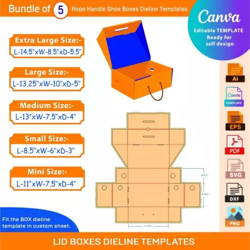 Bundle of 5 Rope Handle Shoe Boxes Dieline Templates cover image.