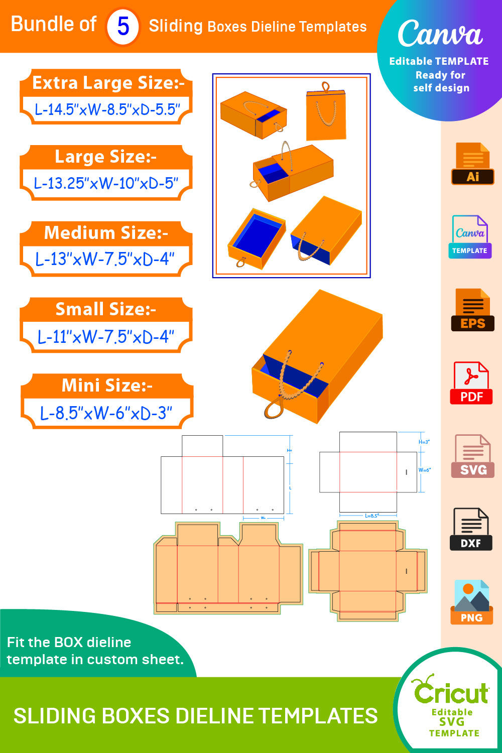 Bundle of 5 Sliding Boxes Dieline Templates pinterest preview image.