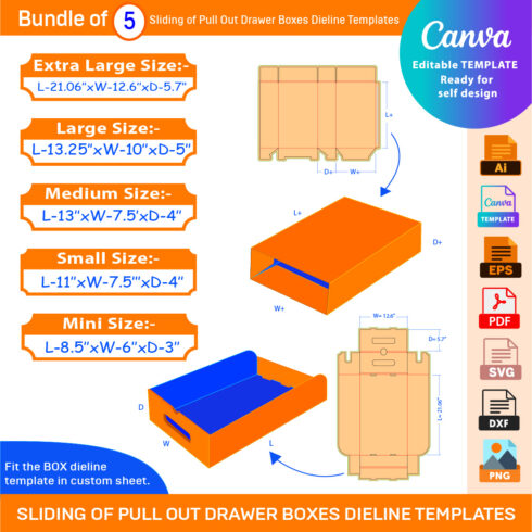 Bundle of 5 Sliding of Pull Out Drawer Boxes Dieline Templates cover image.