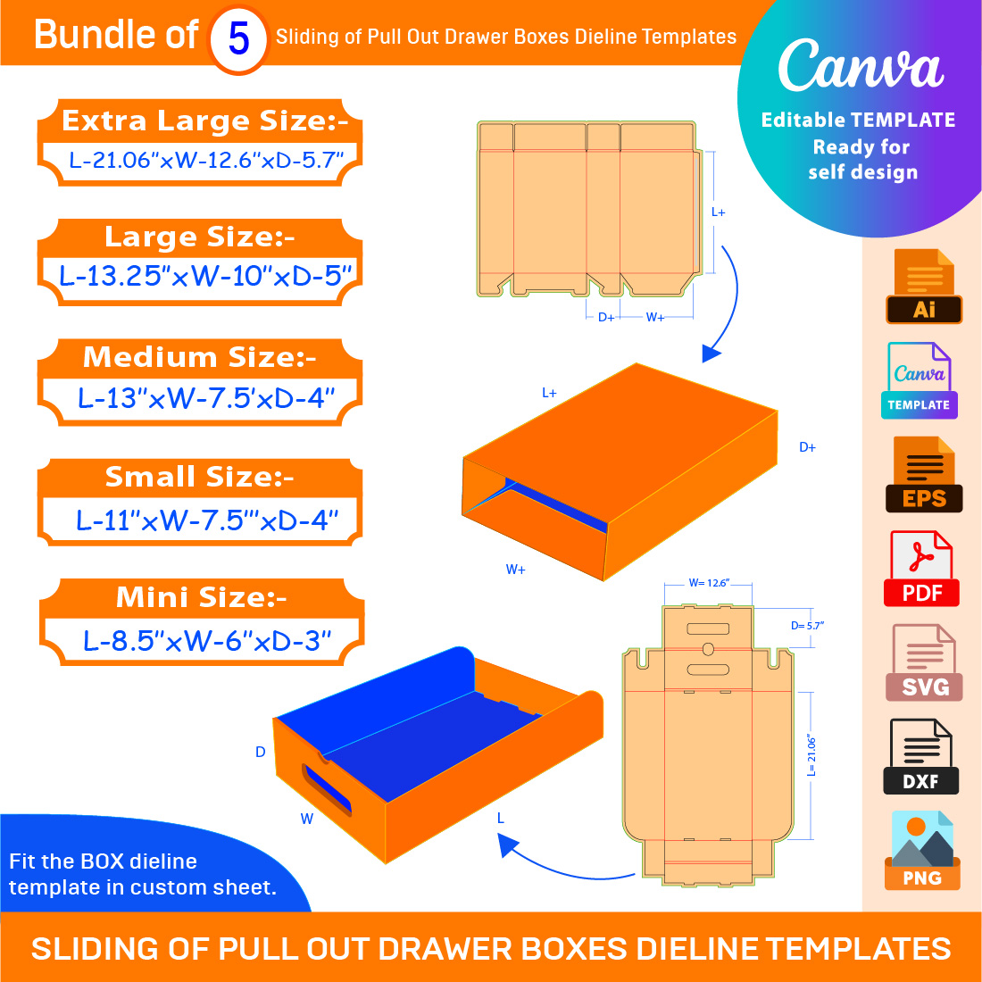 Bundle of 5 Sliding of Pull Out Drawer Boxes Dieline Templates cover image.