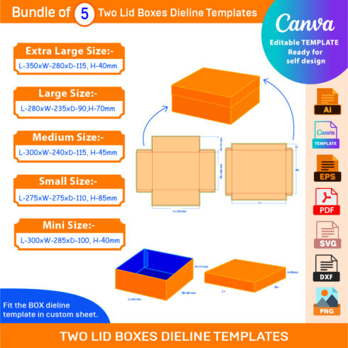Bundle of 5 Two Lid Boxes Dieline Templates cover image.