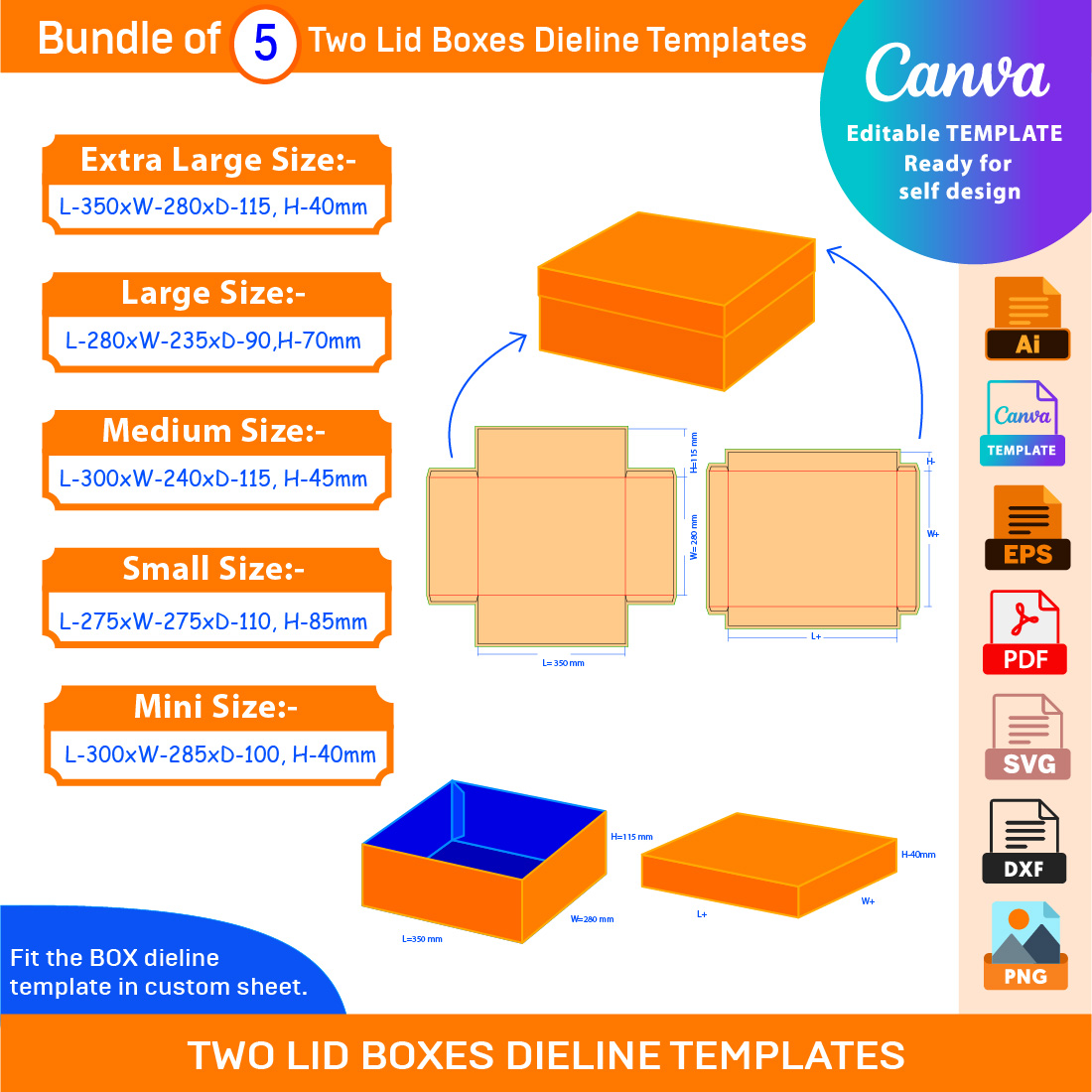 Bundle of 5 Two Lid Boxes Dieline Templates cover image.